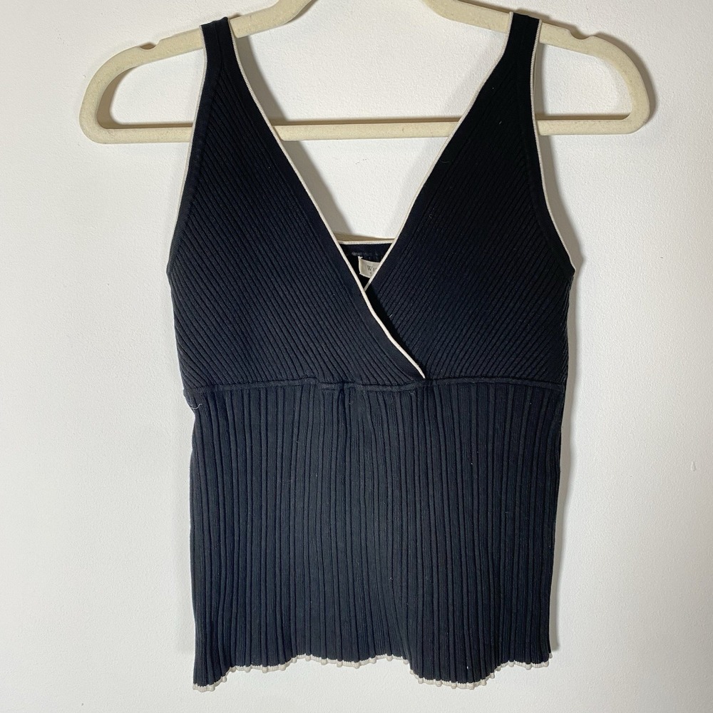 White House Black Market Rib Knit Black Sweater Tank Top Size Medium White Trim